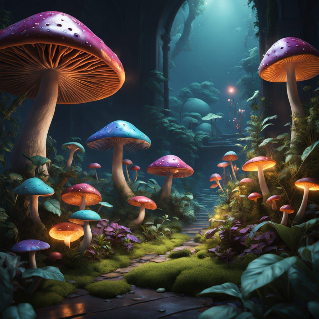 Whimsical Fairy Garden Scene with Iridescent Mushrooms and V...