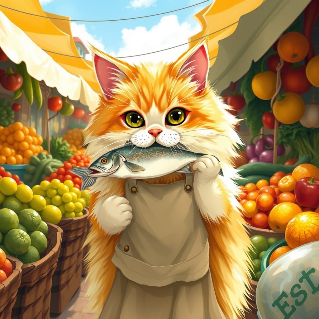 Persian Cat Chef in Sunny Market, Storybook Illustration