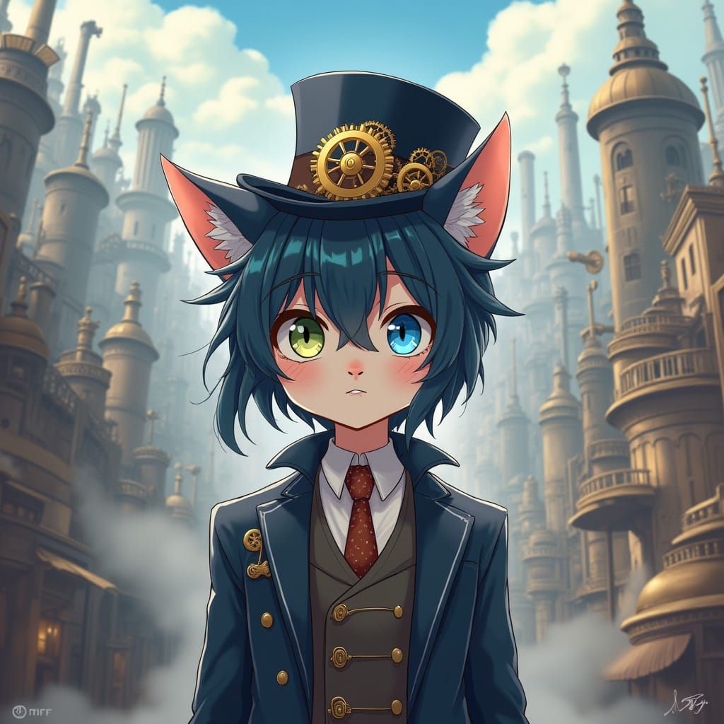 Steampunk Cat with Heterochromia in Anime Style