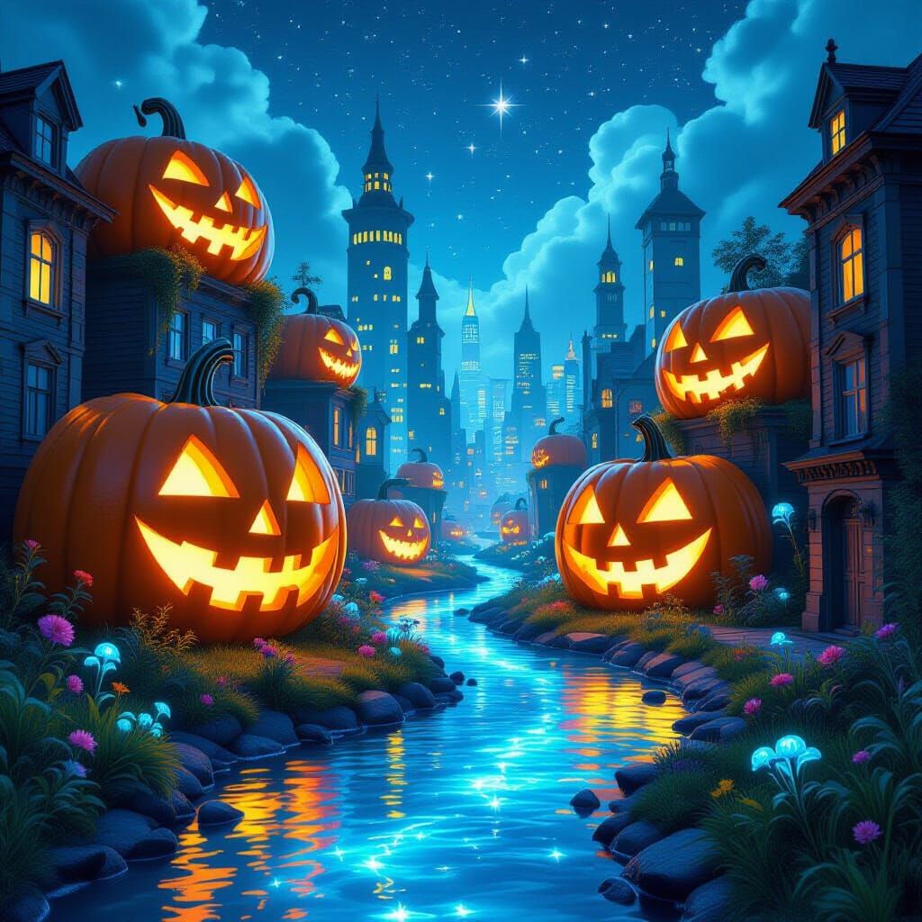 Surreal Pumpkin Cityscape with Starlight Rivers