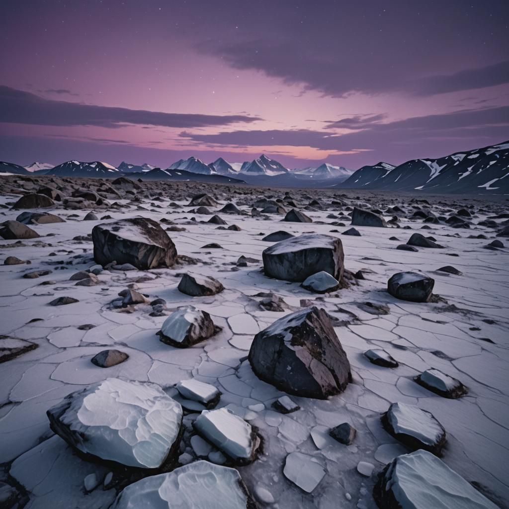 Cinematic Ice Field with Purple Aurora Sky