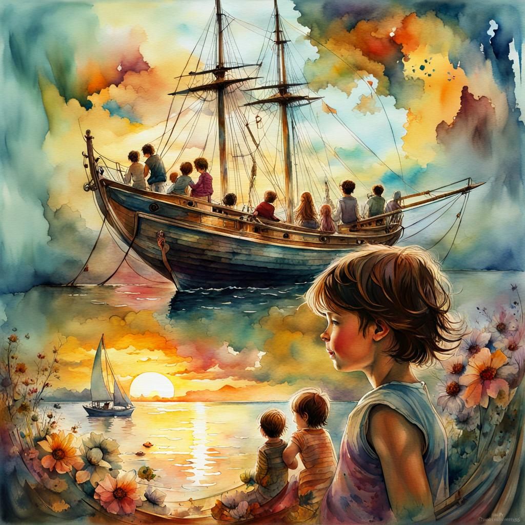 Fantasy Watercolor: Children and Cats on a Sailboat