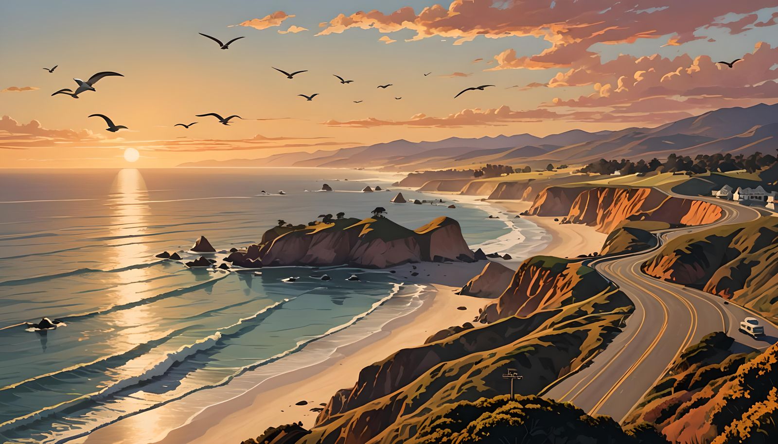 Pacific Coast Highway Sunset in 1940s Illustration