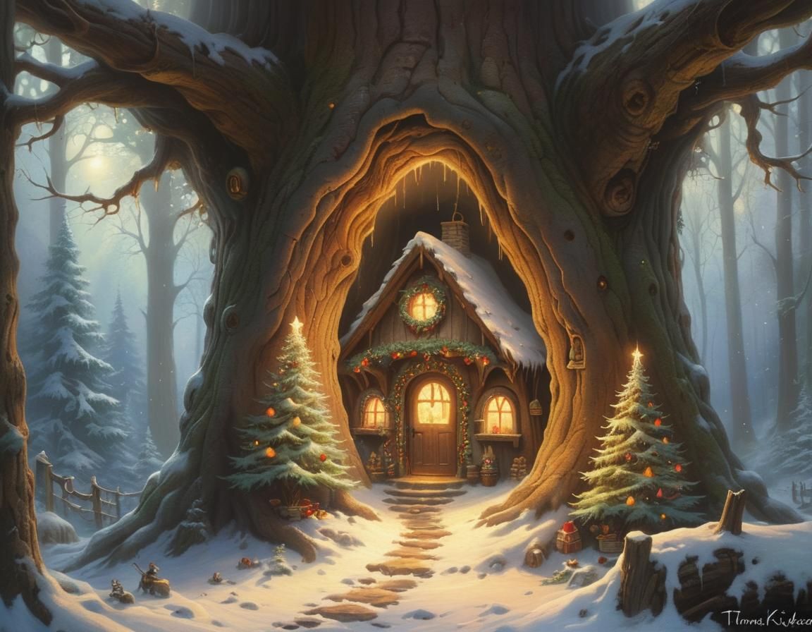 Whimsical Christmas Scene Inside a Giant Hollow Tree