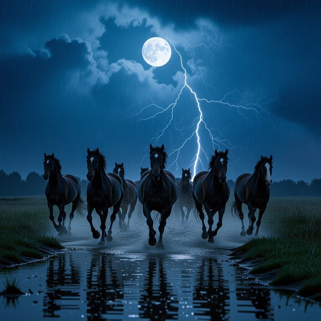 Majestic Horses Gallop Through Rainy Midnight Landscape