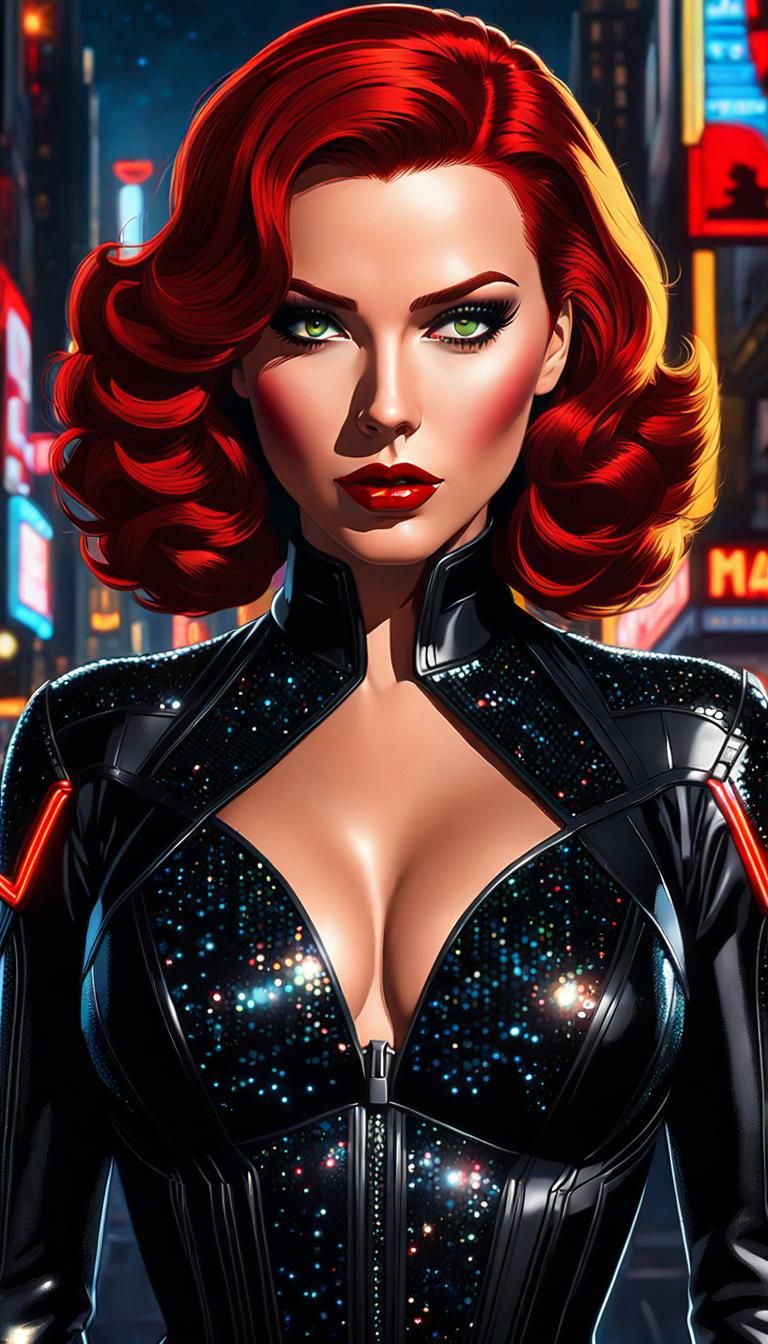 Retro Vintage Movie cartoon art, full body Marvel’s Black Widow in a black sparkly glittery spy suit at night" highly de...