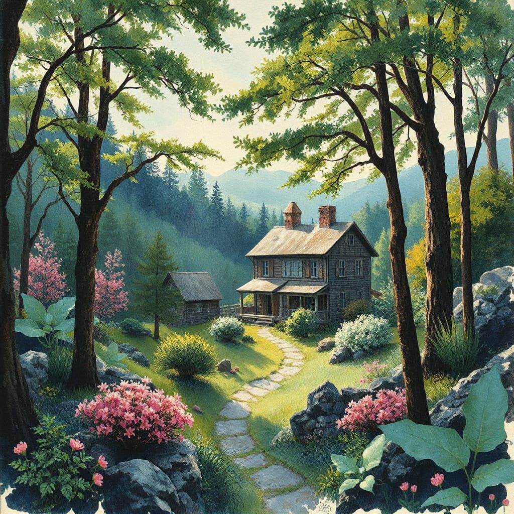 Sunlit Forest Hamlet in Watercolour and Expressionism