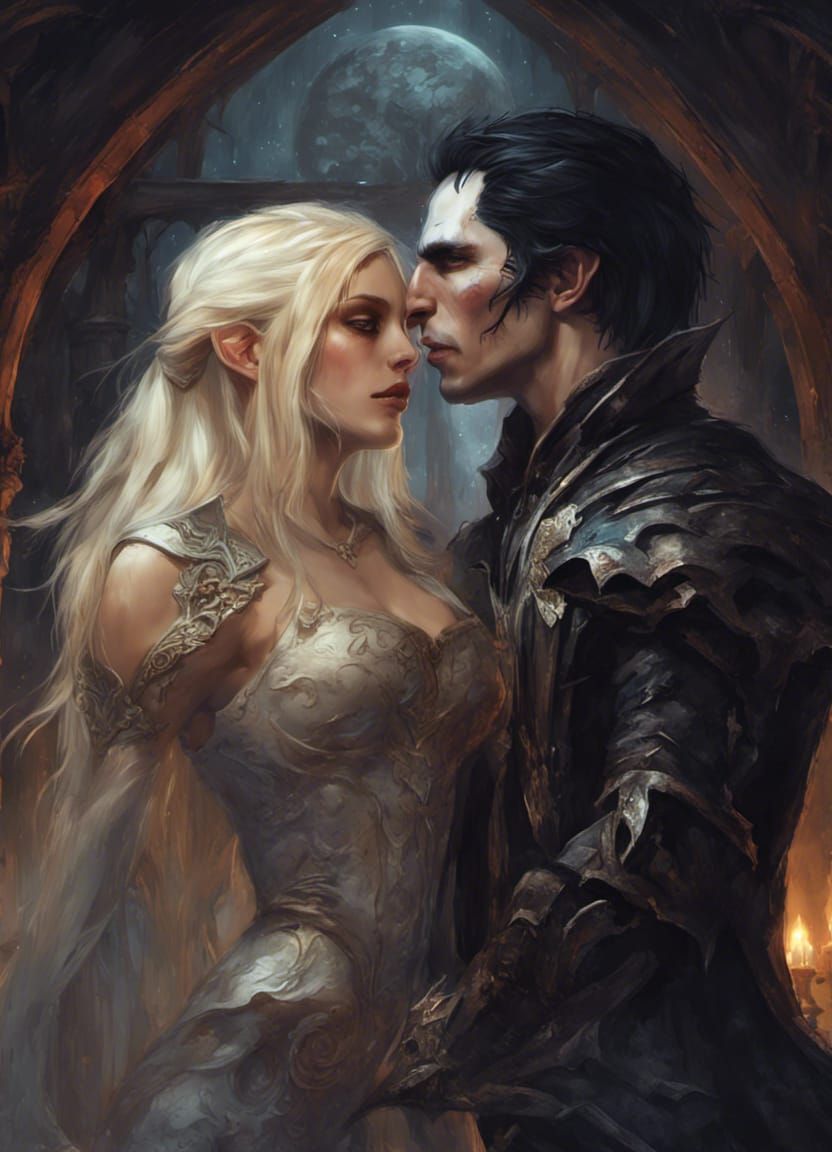Elf and Vampire Kiss in Dark Fantasy Style