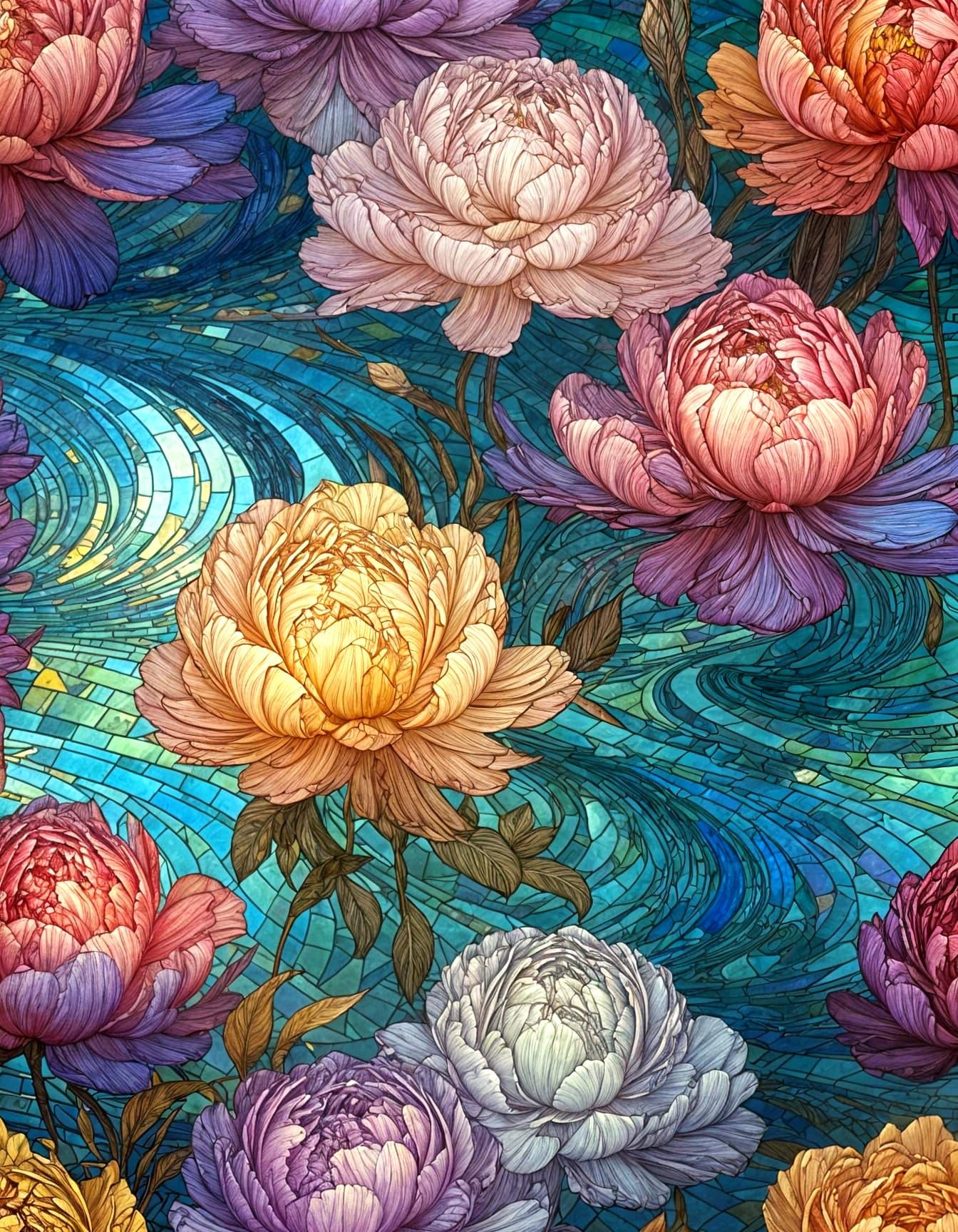 Goddess in Flowing Liquid with Iridescent Peonies