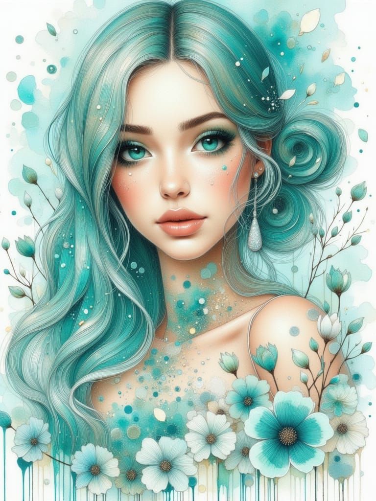 Pretty Woman Portrait in Watercolor and Pencil Style