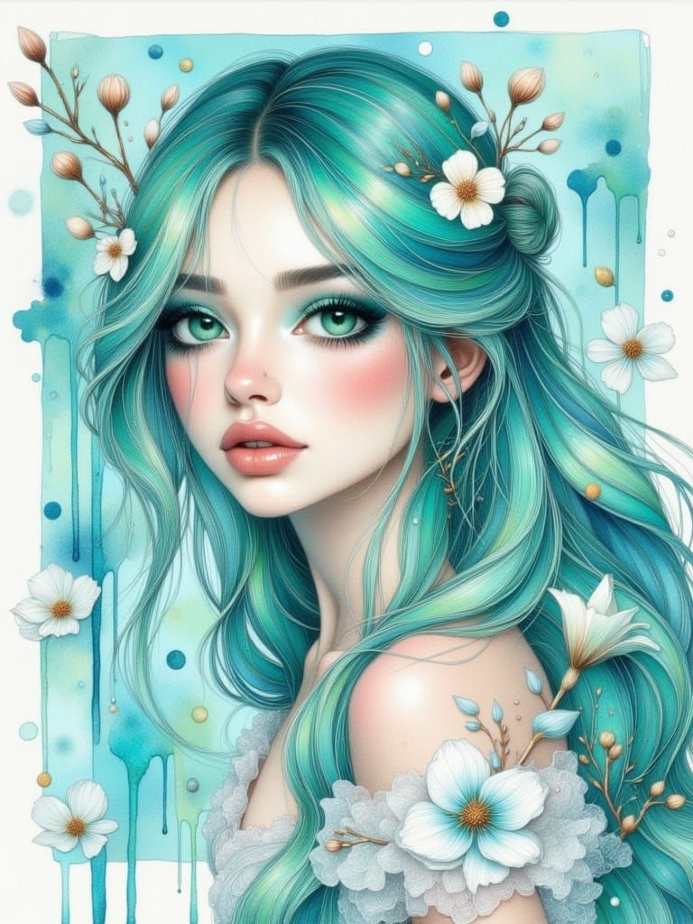 Pretty Woman with Teal Hair and Turquoise Eyes in Watercolou...