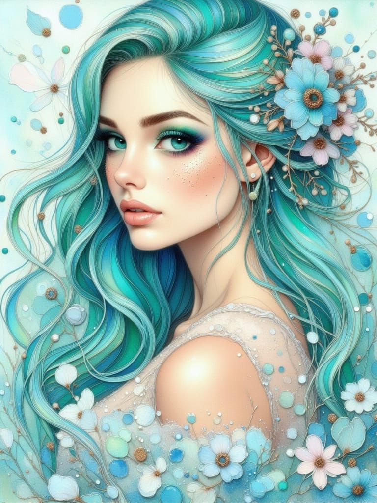 Pretty Woman with Teal Hair and Turquoise Eyes in Watercolor