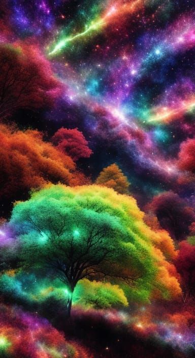 3D Cosmic Landscape with Glowing Tree and Galaxy