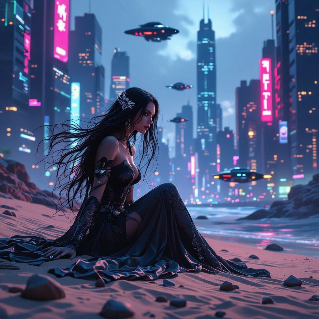 Cyberpunk Siren in Zen Garden with Flowing Hair