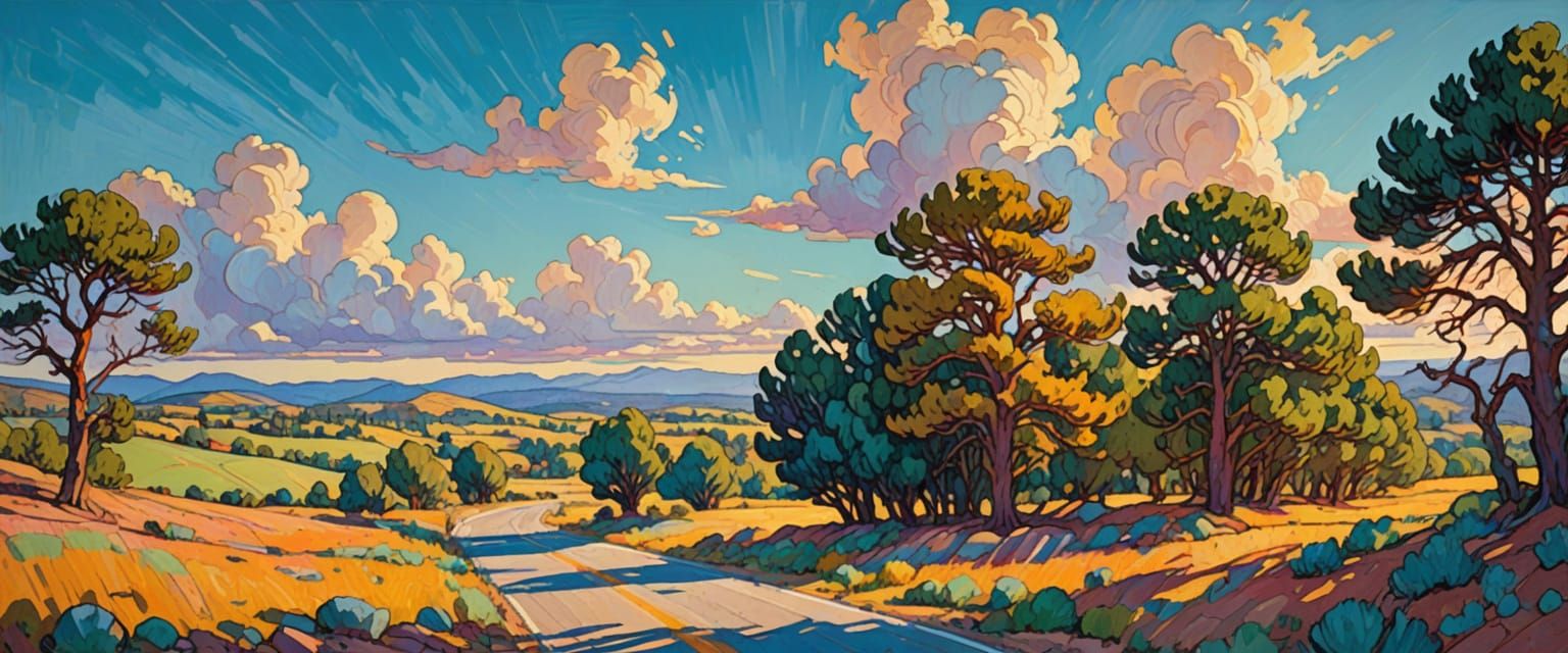 Highway Rest Stop in Vibrant Gouache Style
