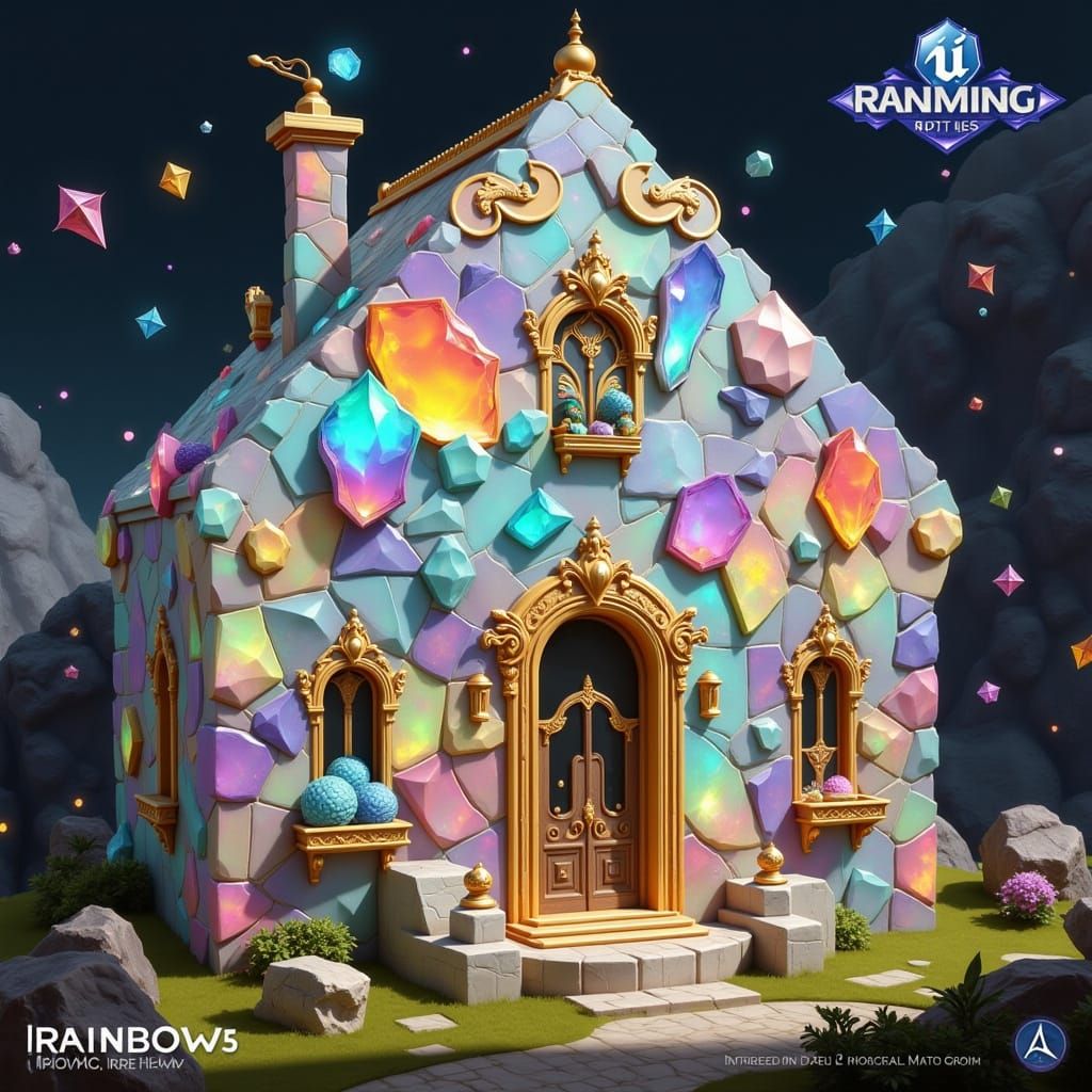 Rainbow Opal Gem House with Gold Inlay