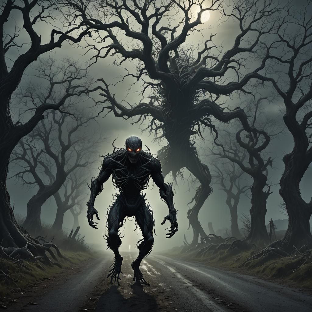 Eerie Man-Spider Walks Country Lane in Dark Fantasy