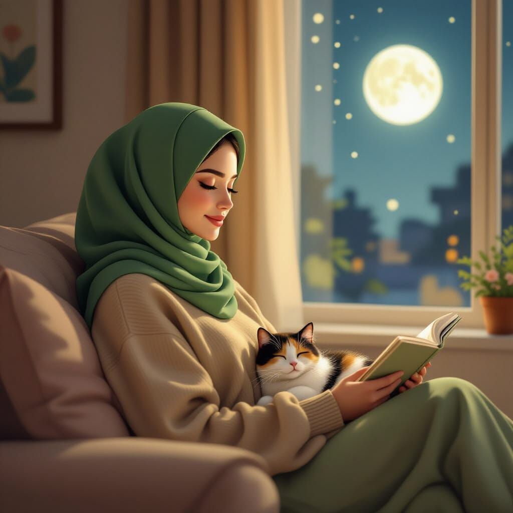 Dreamy Digital Art: Woman in Green Hijab with Cat Watching T...
