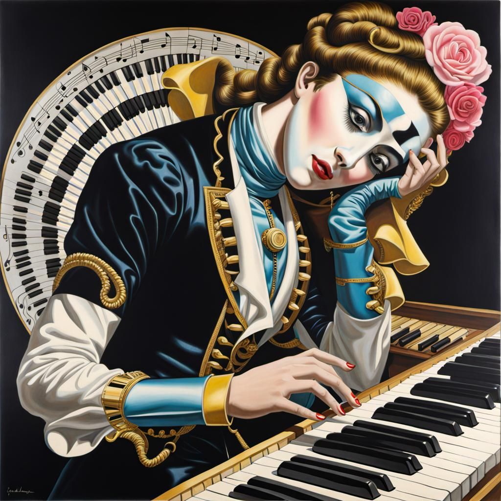 Harlequin Cyborg Pianist in Versailles, Surreal Art