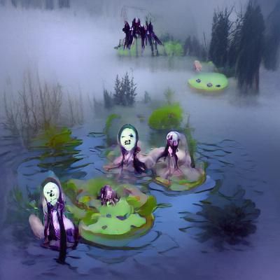 Ghouls in Foggy Pond: Dark Forest Scene