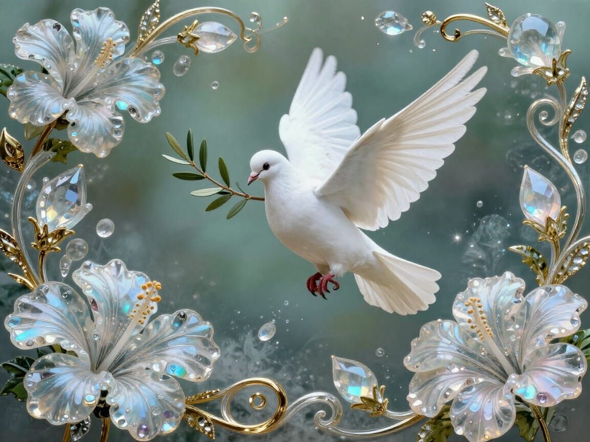 Surreal Crystal Dove with Olive Branch