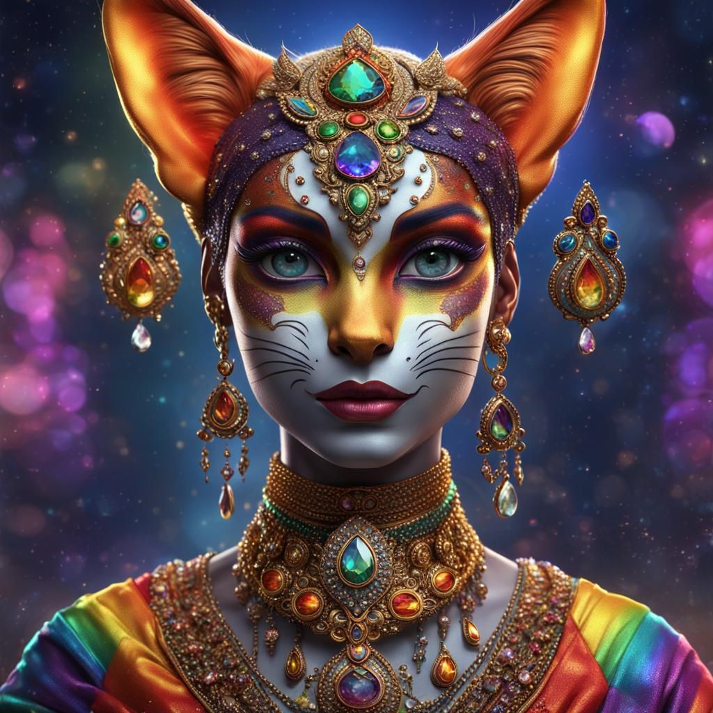 Rainbow Cat Woman in Jeweled Sari