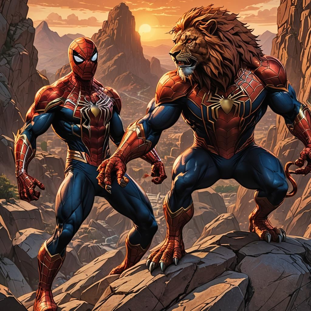 Spider-Man and Lion on Cliff in Comic Book Art
