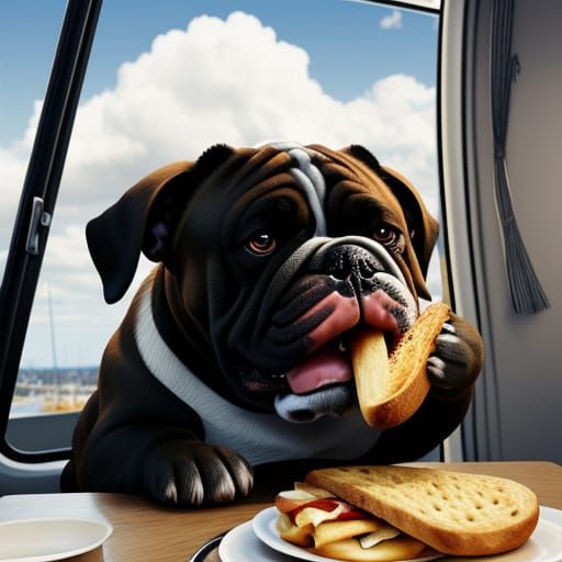 French Bulldog Enjoying a Ham and Cheese Baguette