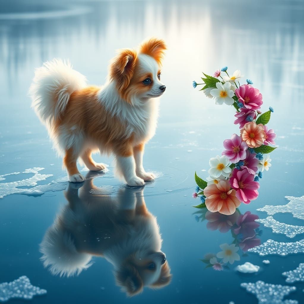 Papillon Dog on Frozen Lake with Floral Wreath