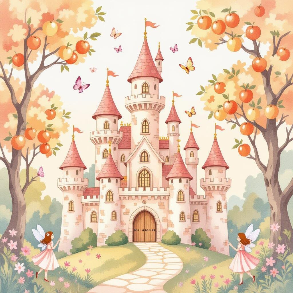 Peach Castle with Fairies in Storybook Style
