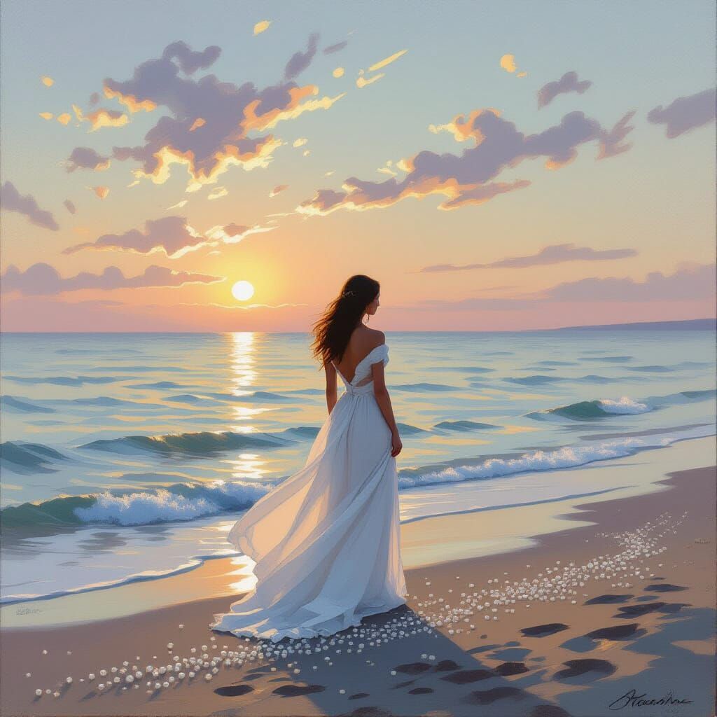 Twilight Beach Scene with Woman in Impressionist Style