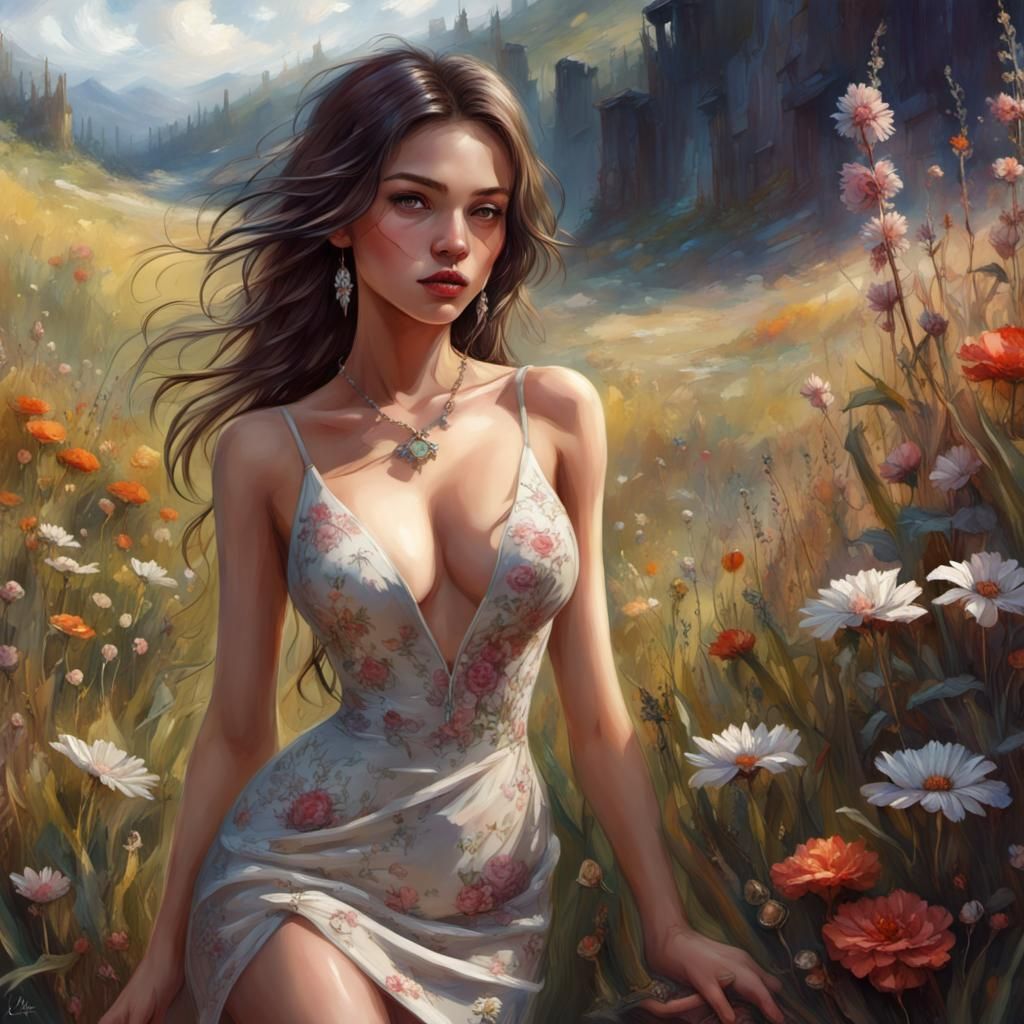 Beautiful Latina in Flower Meadow: Fantasy Art