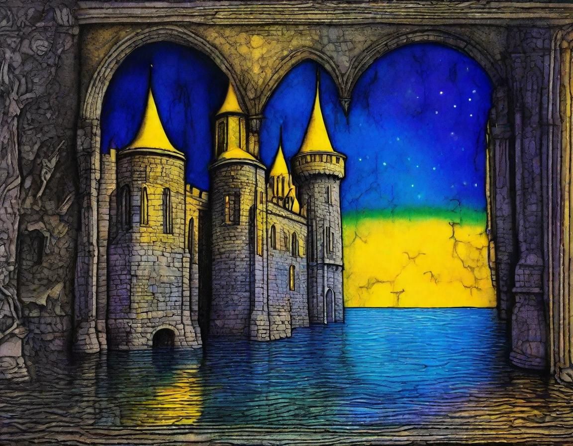 Surreal Medieval Castle Scene in Mixed Media