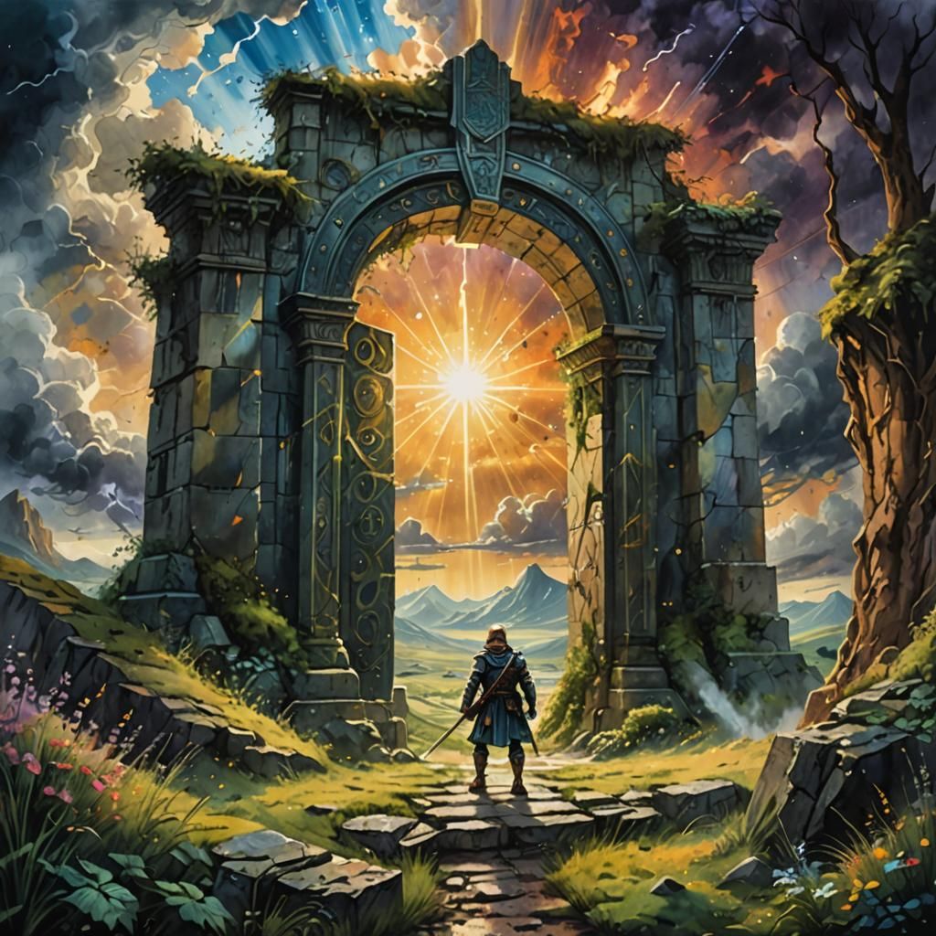 Hedge Knight Steps Through Portal in Fantasy Landscape