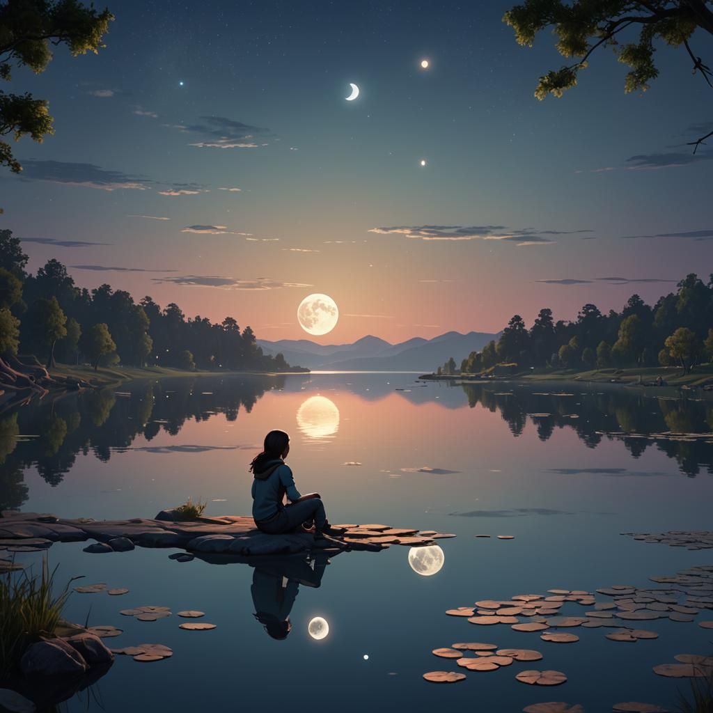 Girl Watching Moon Reflection: Pixar-Style 3D Art