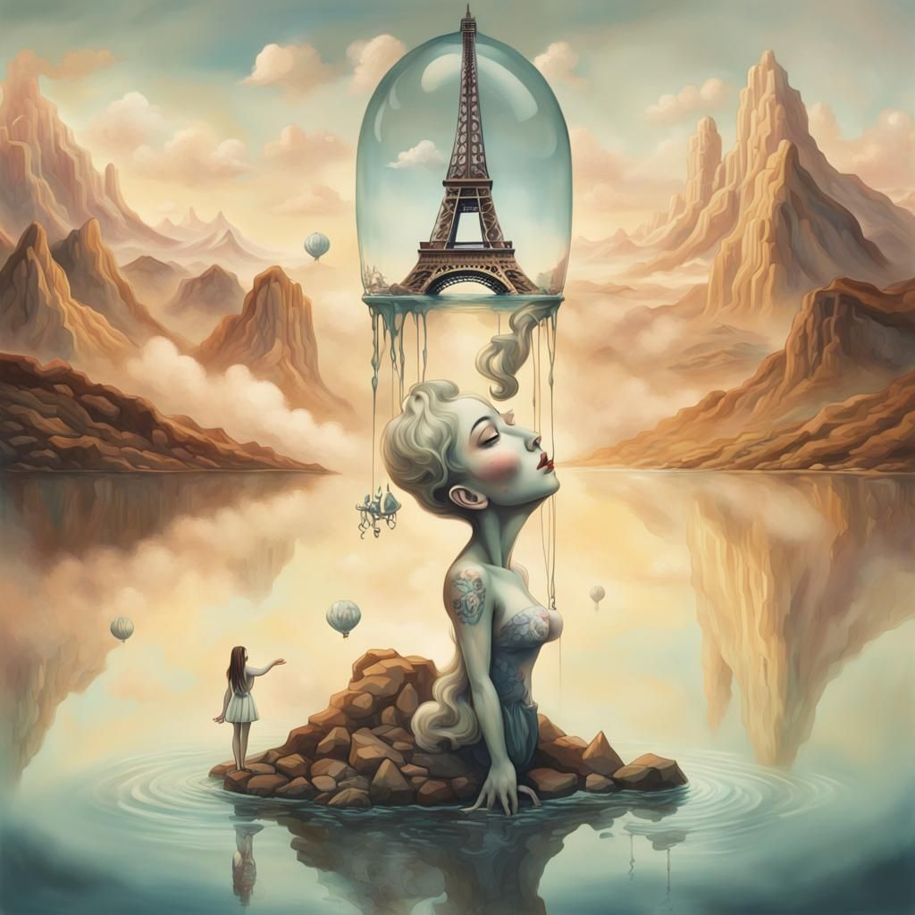 Surreal Giant Woman Plays with Eiffel Towers