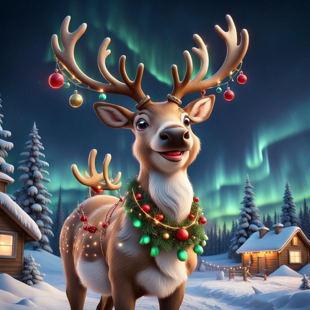 Festive Reindeer with Christmas Lights in Starry Sky
