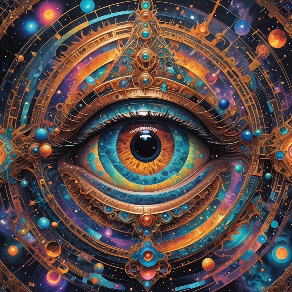 Holographic Cosmic Eye Illustration in Mixed Media