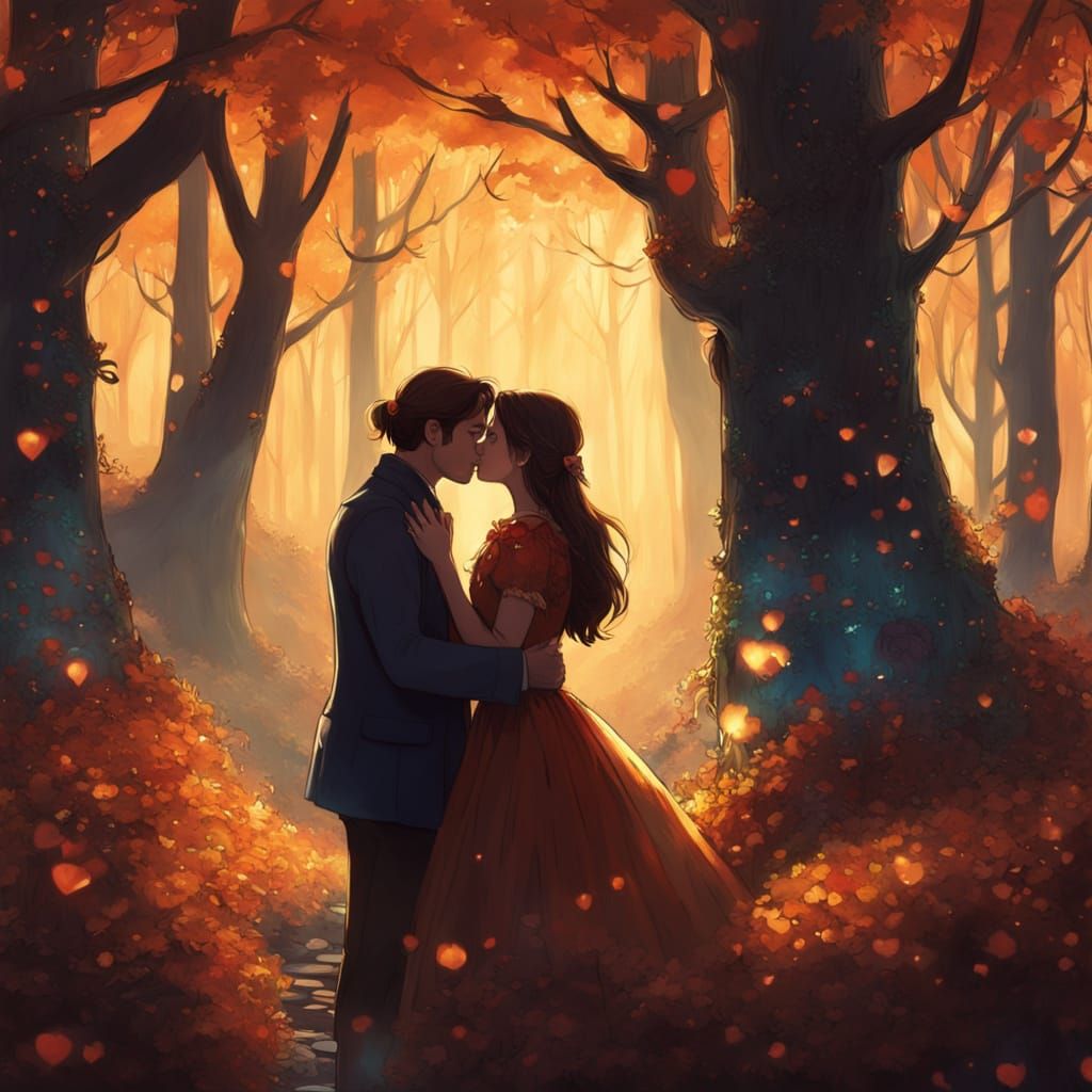 Romantic Forest Kiss in Vibrant Oil Painting Style