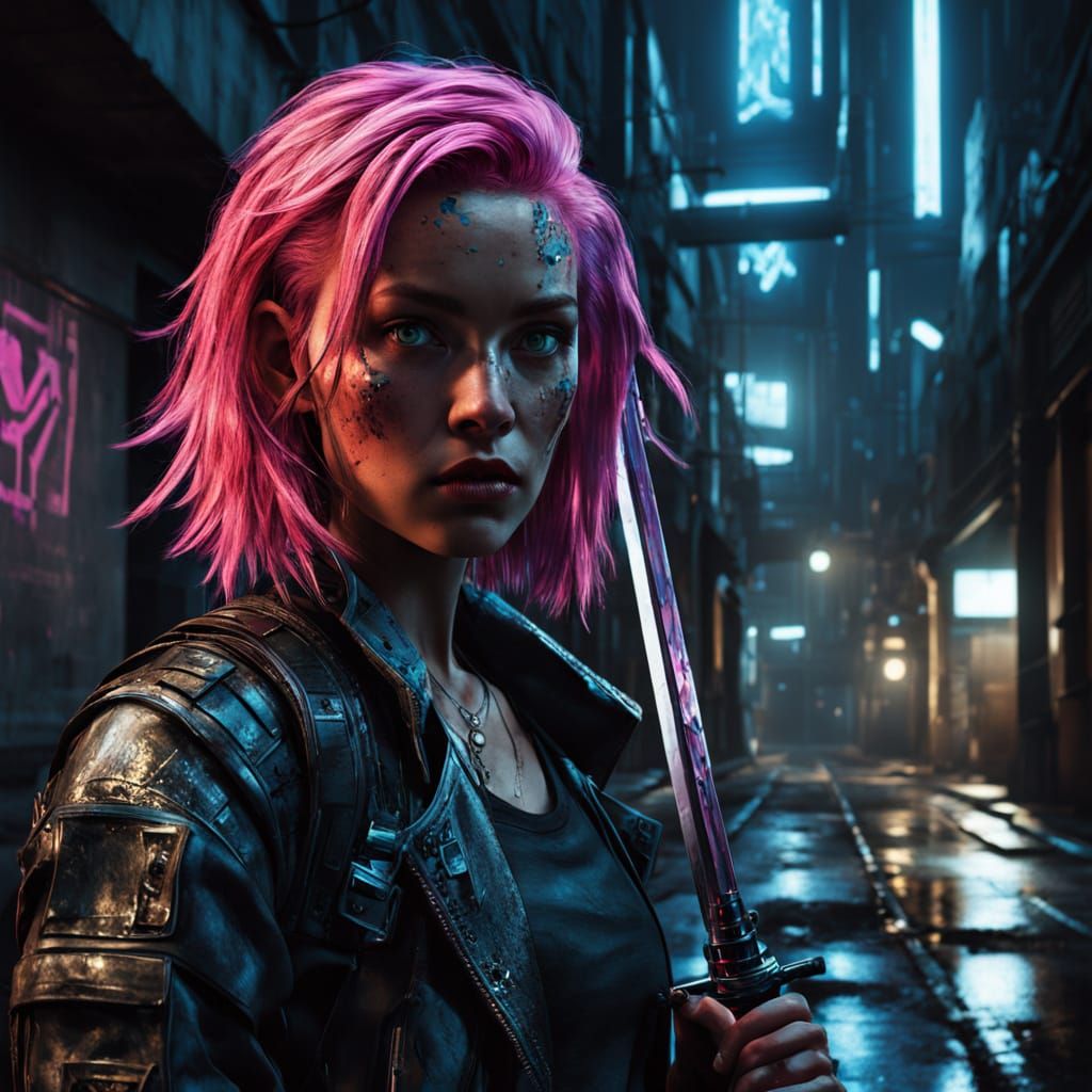 Cyberpunk Woman Wields Holographic Sword in Neon-Lit Alleywa...