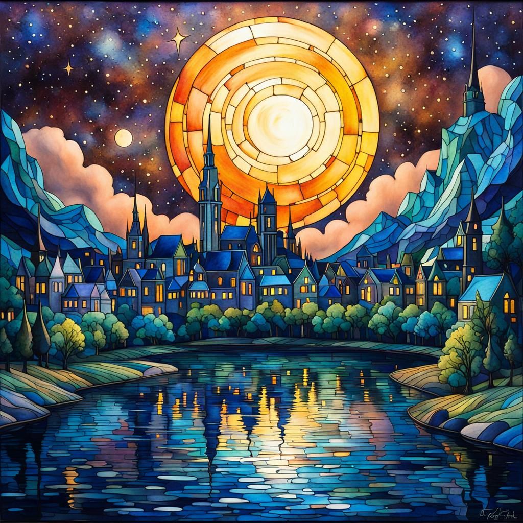 Whimsical Cityscape Reflection in Stained Glass Style