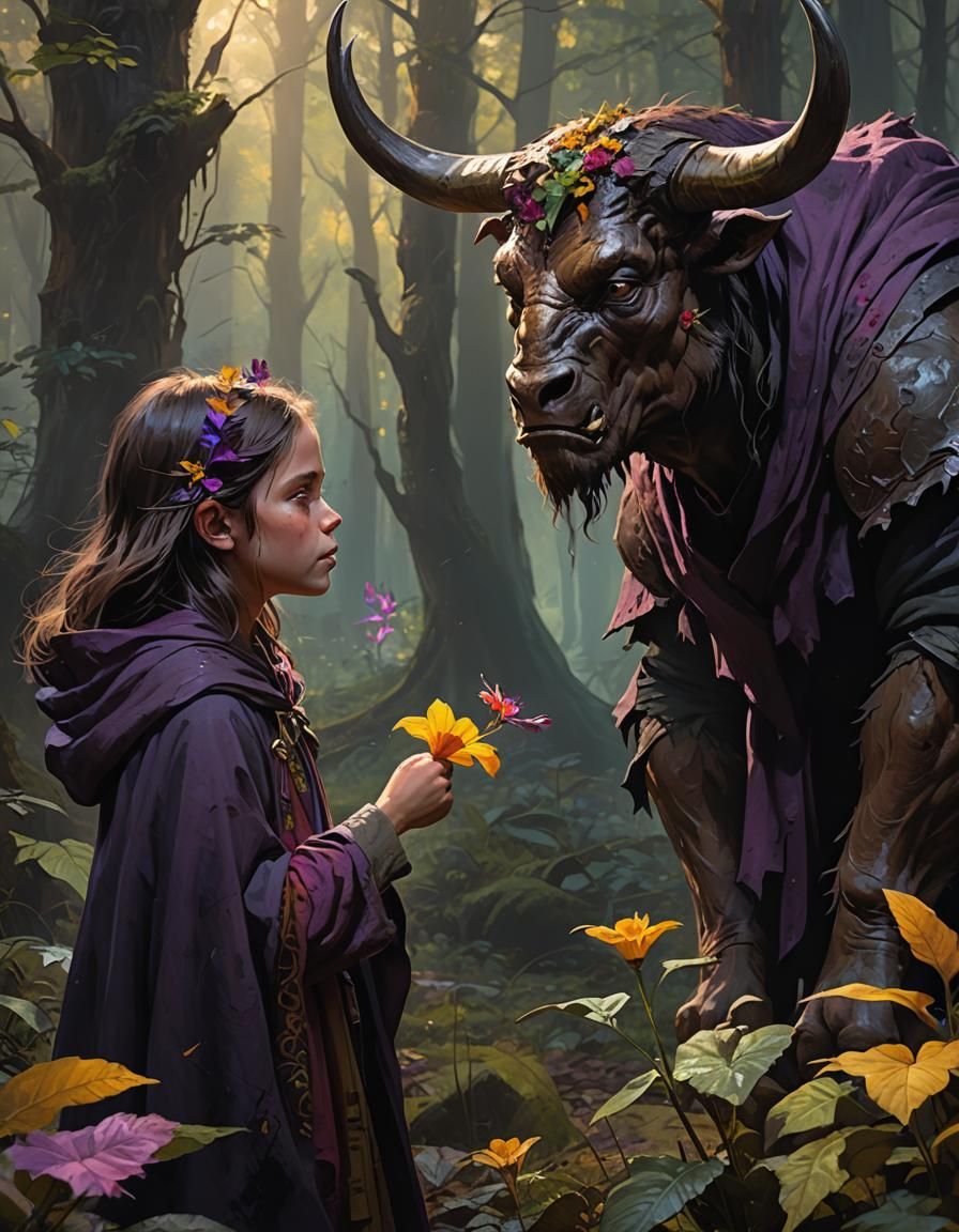 Minotaur and Girl in Murky Forest, Hyper-realistic Art