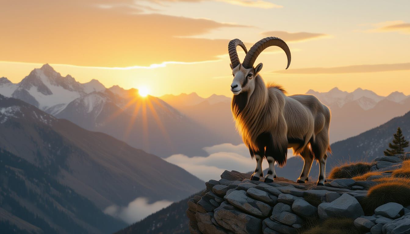 Markhor Portrait on Cliff at Sunrise, Cinematic Style