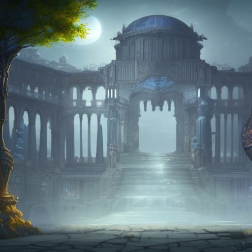 Fantastical Blue Metal City with Purple Lantern