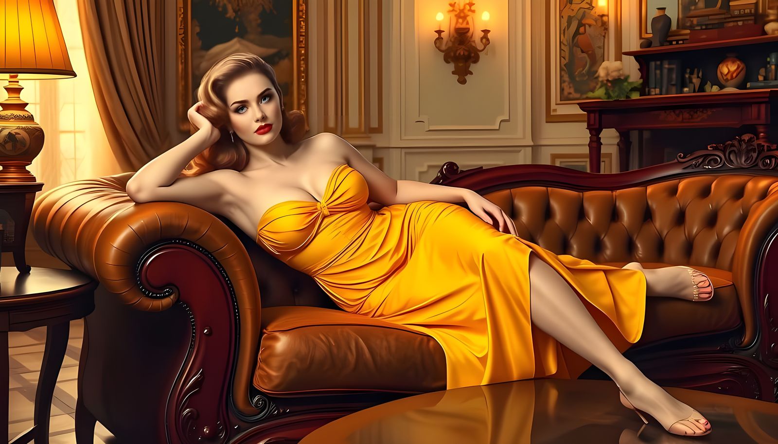 Lascivious Pin-Up Goddess in Luxurious Yellow Room