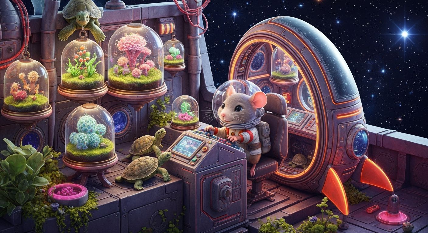 Astronaut Mouse in Cyberpunk Rocket Terrarium