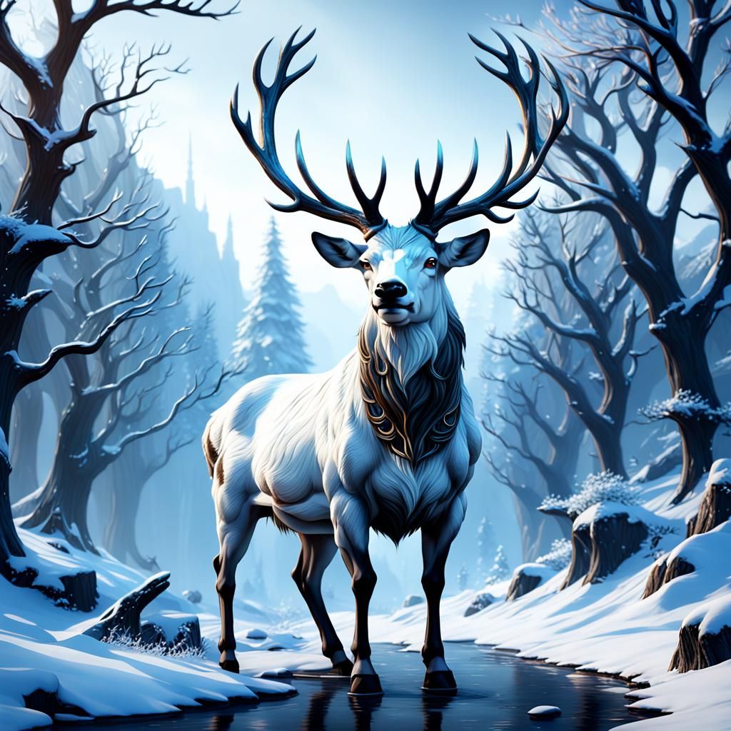 White Stag in Winter, Detailed Fantasy Art
