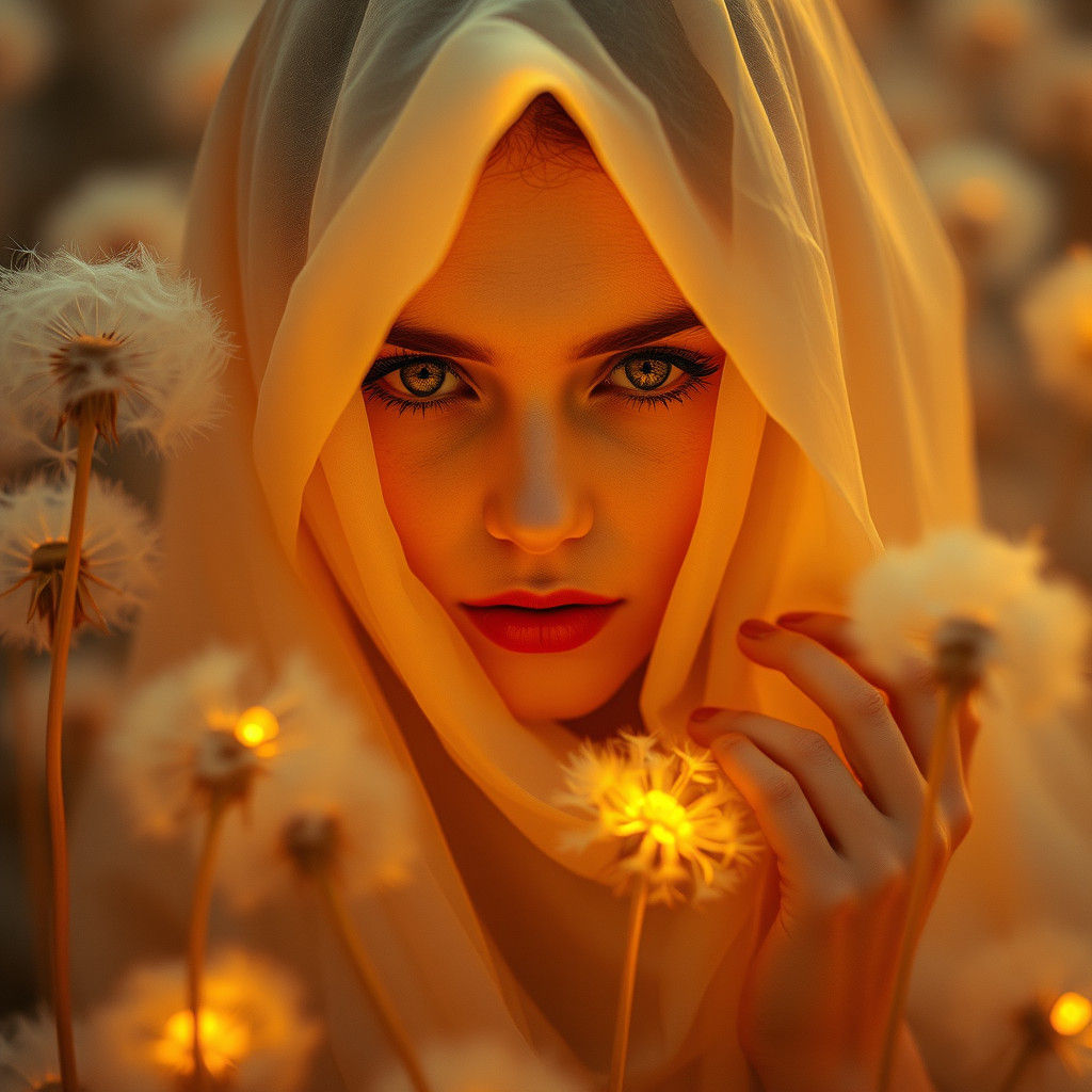 Ethereal Woman in Dandelion Dreamscape, Surrealist Portrait
