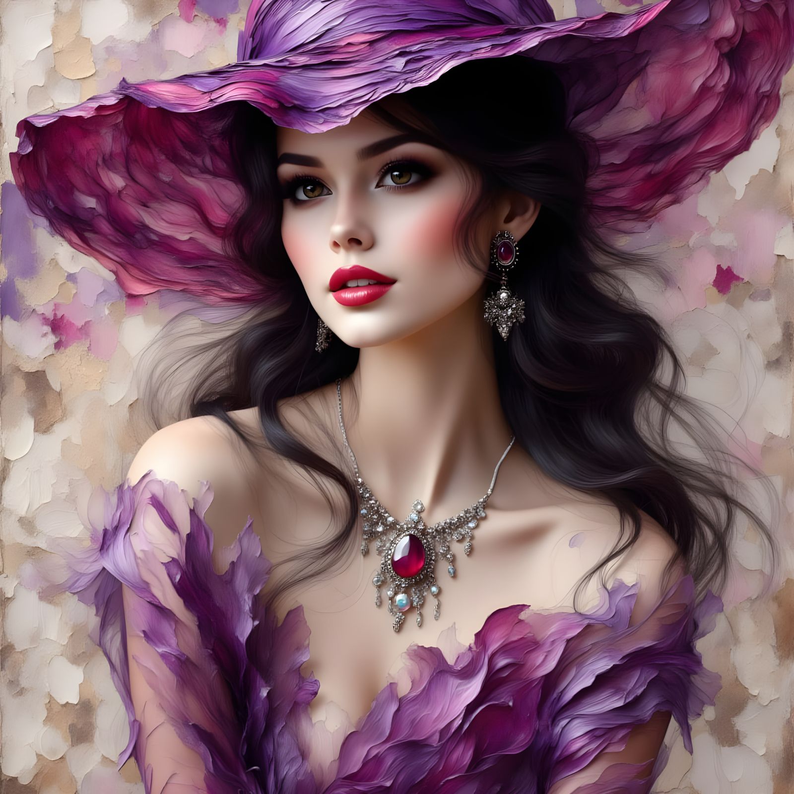 Elegant Lady in Purple Hat Impasto Painting