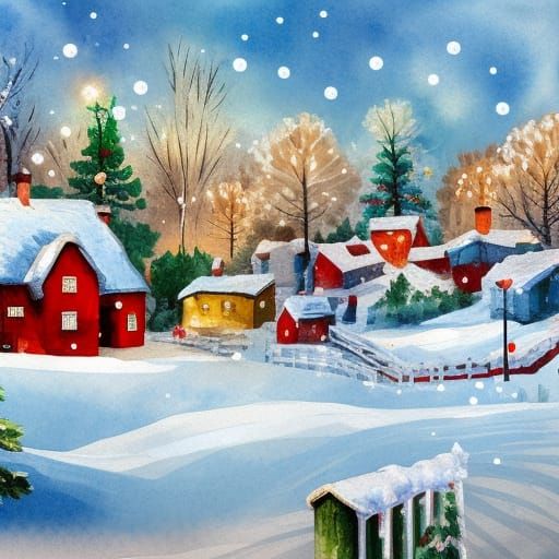 Christmas Village Gouache Style Winter Scene